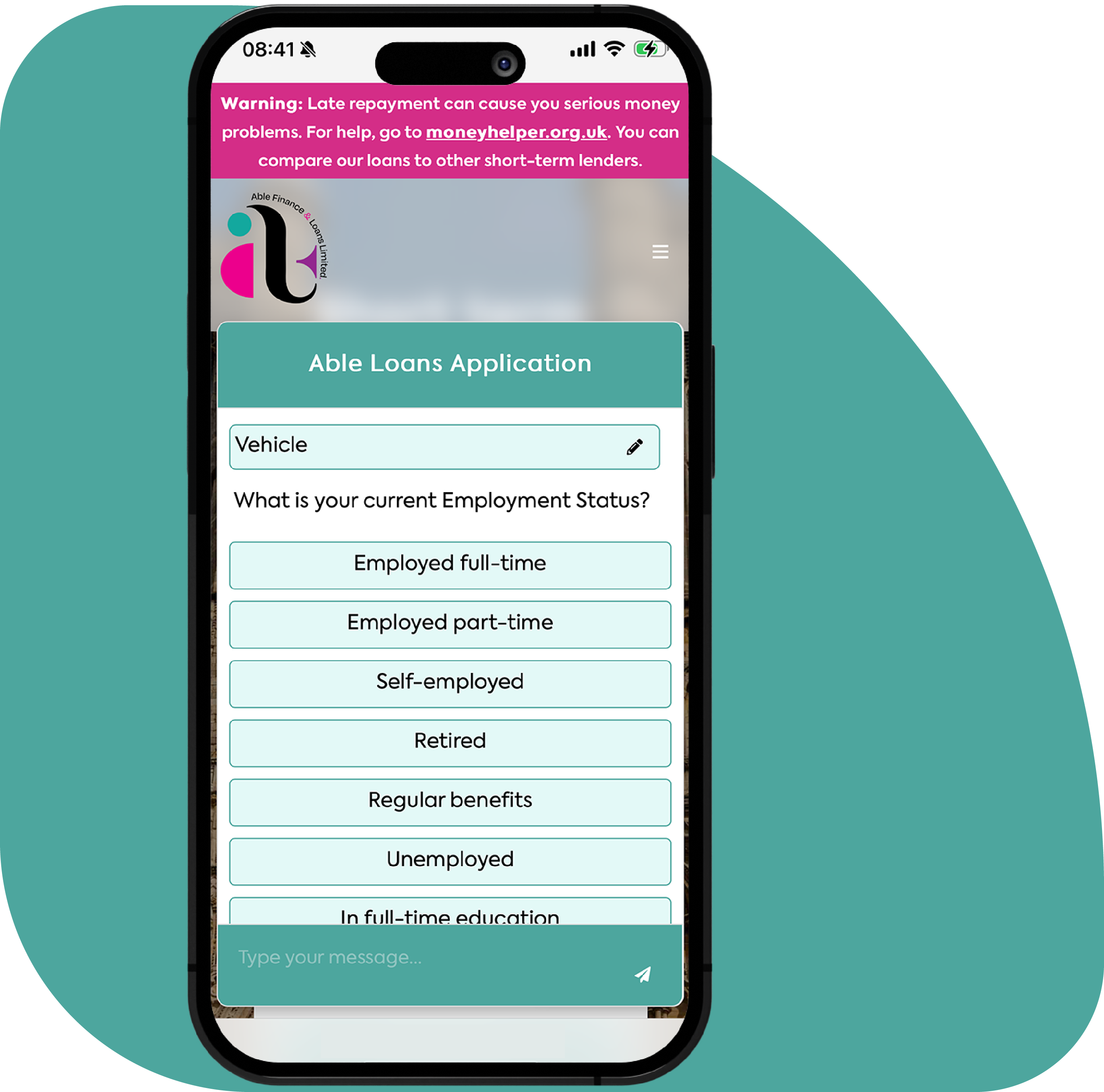 Smartphone showing online loan application - Able Loans mobile process
