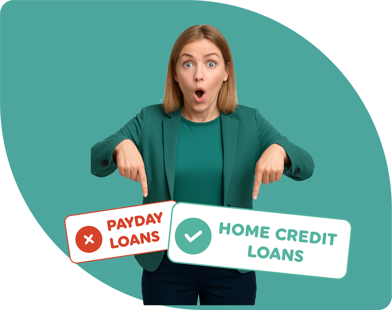 Smiling woman pointing left - explore payday loan alternatives